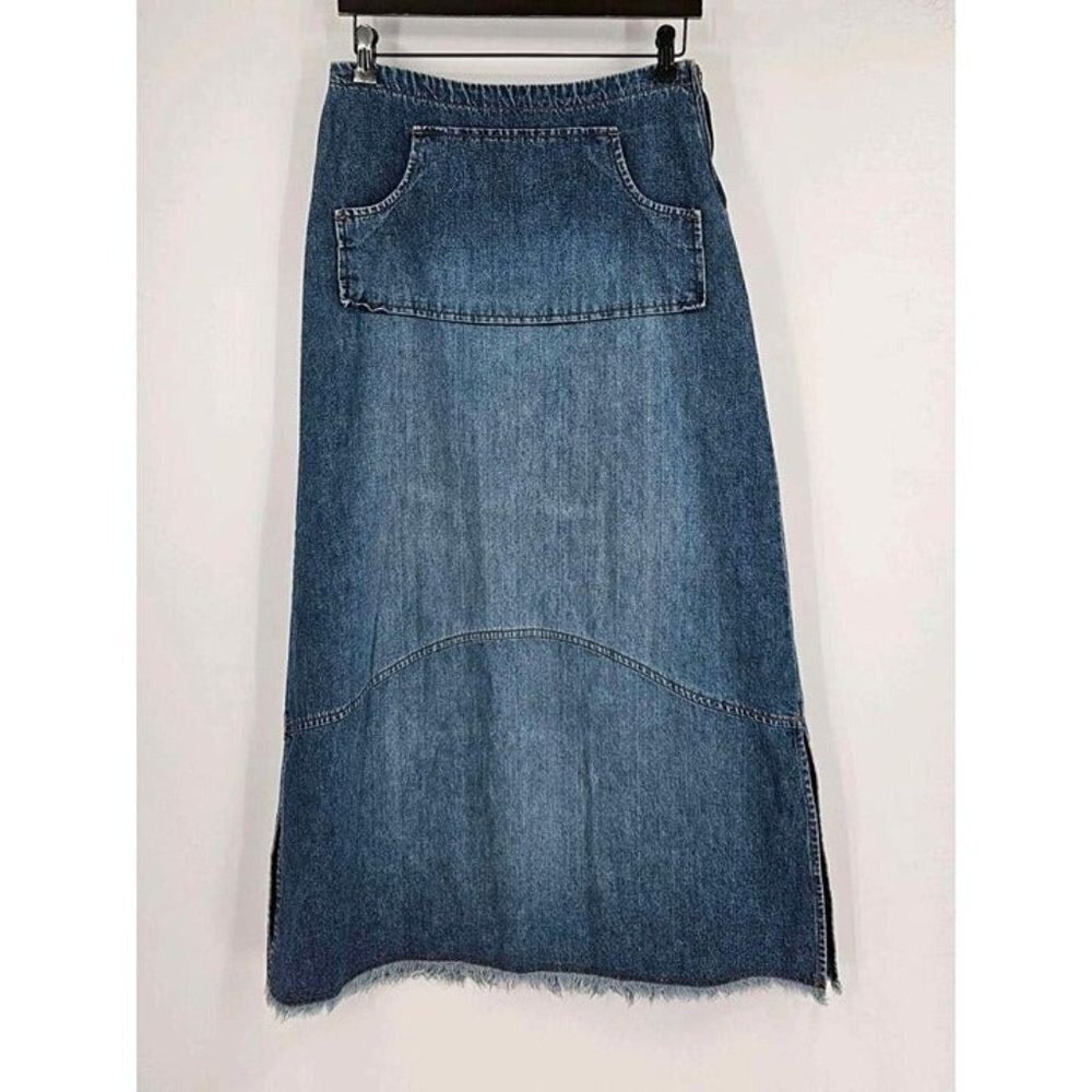 The Blues Womens 90s Denim Midi Skirt Raw Edge Hem Side Split Sz 7/8